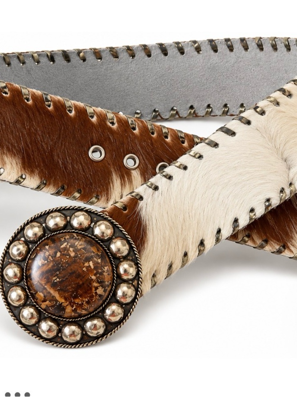 Hair-On-Hide Brown and Cream Western Concho Belt from Spain. Never worn